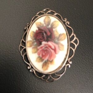 Vintage Estate Sterling Silver Brooch Porcelain Roses Cameo